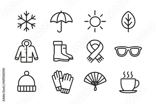 Seasonal Icon Set. Outline icon set of seasonal life abroad: snowflake, umbrella, sun, leaf, winter coat, rain
