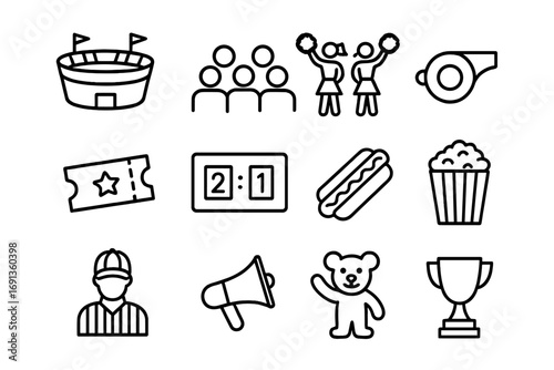 Sports Icon Set. Outline icon set of sports events as entertainment: stadium, crowd, cheerleaders, whistle,
