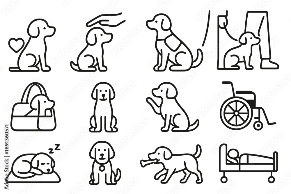 Fototapeta premium Emotional Support Dog Icons. Outline icon set of emotional support dogs in various roles: dog with heart symbol, dog being petted,