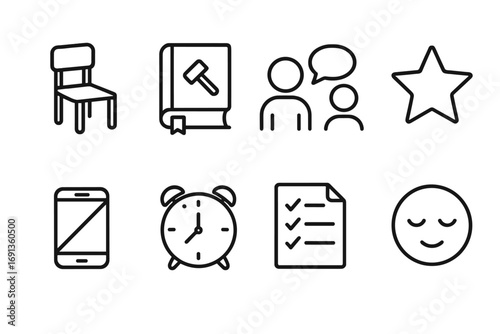 Parental Discipline Icons. Outline icon set of parental discipline: timeout chair, rule book, talking, reward star, no phone,
