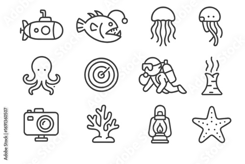 Deep Sea Icons. Outline icon set of deep sea exploration: submarine, anglerfish, jellyfish, octopus, sonar,