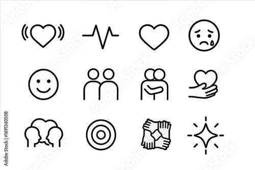 Emotional Icon Set. Outline icon set of emotional resonance: vibrating heart, sound waves, pulse line, face with tear, face