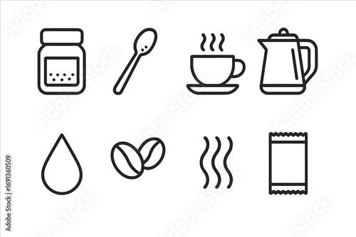 Instant Coffee Essentials. Outline icon set of instant coffee preparation: jar, spoon, cup, kettle, droplet,