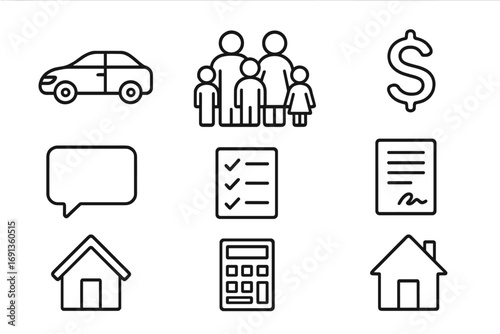 Major Purchase Icons. Outline icon set of discussing major purchases like a car with the family: car, family