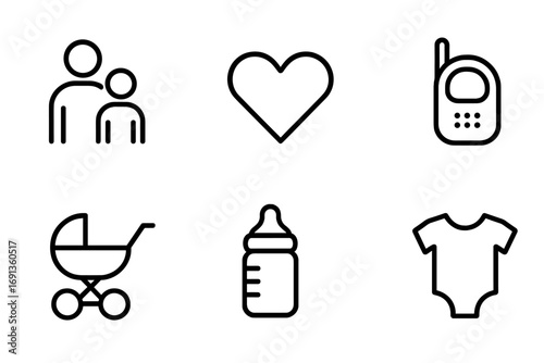 Parenting Icon Set. Outline icon set of parenting: parent and child, heart, diaper, baby monitor, stroller, baby bottle, baby