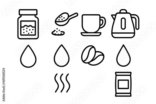 Instant Coffee Essentials. Outline icon set of instant coffee preparation: jar, spoon, cup, kettle, droplet,