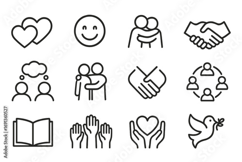 Emotional Connection Icons. Outline icon set of emotional connection: two hearts linked, smiling face, hugging figures, handshake,