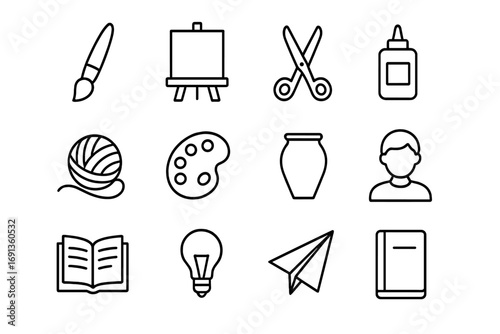 Creative Workshop Icons. Outline icon set of creative workshops: paintbrush, canvas, scissors, glue, yarn,