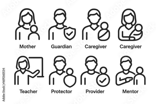 Parental Role Icons. Outline icon set of parental roles: mother, father, guardian, caregiver, teacher, protector, provider, mentor