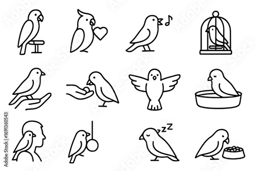 Emotional Support Bird Icons. Outline icon set of emotional support birds: parrot on perch, cockatiel with heart, canary singing,