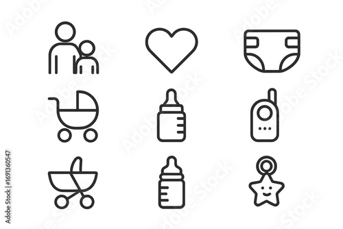 Parenting Icon Set. Outline icon set of parenting: parent and child, heart, diaper, baby monitor, stroller, baby bottle, baby