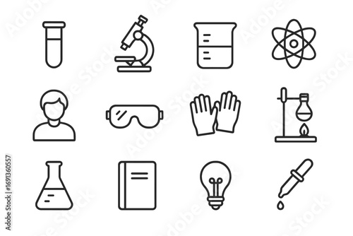 Science Experiment Icons. Outline icon set of science experiments: test tube, microscope, beaker, atom,