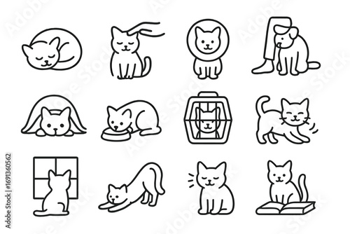 Emotional Support Cats Grid. Outline icon set of emotional support cats and calming companions: cat curled up sleeping, cat being