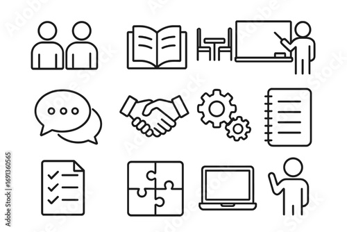 Peer Teaching Icons Grid. Outline icon set of peer-to-peer teaching: student pair, book, desk, chalkboard,