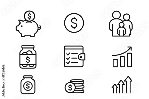 Saving Money Icons. Outline icon set of saving money for purchases: piggy bank, coin, wallet, family group,