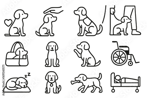 Emotional Support Dog Icons. Outline icon set of emotional support dogs in various roles: dog with heart symbol, dog being petted,
