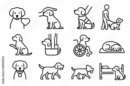 Emotional Support Dog Icons. Outline icon set of emotional support dogs in various roles: dog with heart symbol, dog being petted,