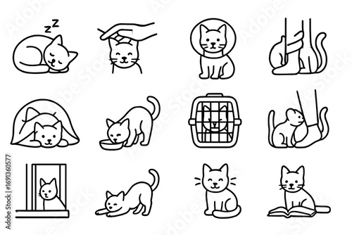 Emotional Support Cats Grid. Outline icon set of emotional support cats and calming companions: cat curled up sleeping, cat being