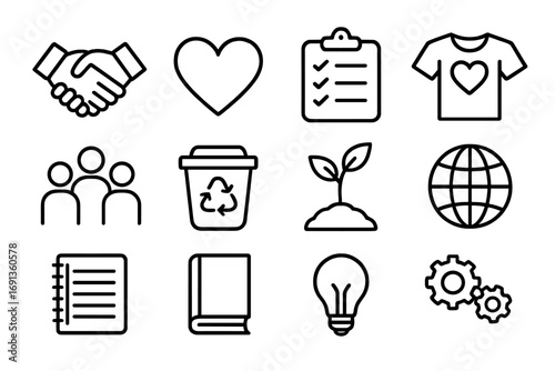 Service Learning Icons. Outline icon set of service learning: handshake, heart, clipboard, volunteer shirt,