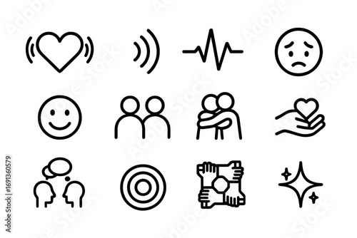 Emotional Icon Set. Outline icon set of emotional resonance: vibrating heart, sound waves, pulse line, face with tear, face