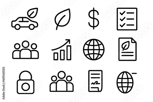 Sustainable Purchasing Icons. Outline icon set of sustainable purchasing choices: eco car, leaf, dollar sign,