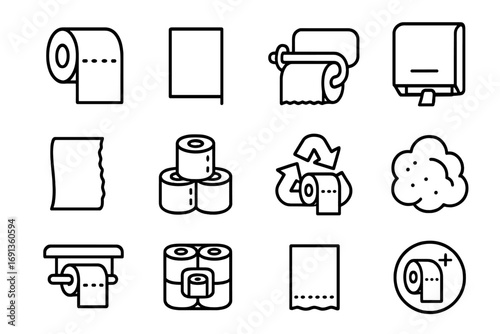 Toilet Paper Icons. Outline icon set of toilet paper roll: tissue roll, paper sheet, wall holder, dispenser,
