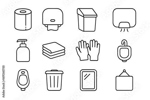 Restroom Icon Set. Outline icon set of public restroom essentials: toilet paper roll, dispenser, sanitary bin,