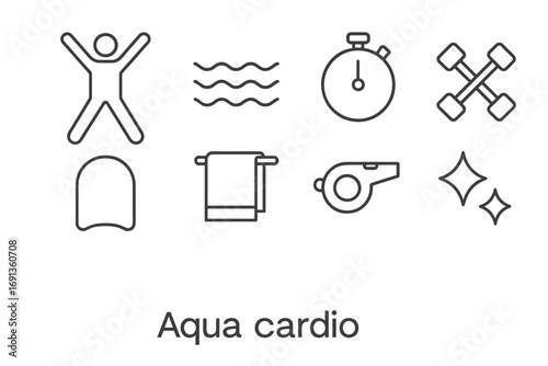 Aqua Cardio Icon Set. Outline icon set of aqua cardio exercises: figure jumping, waves, stopwatch, dumbbells,