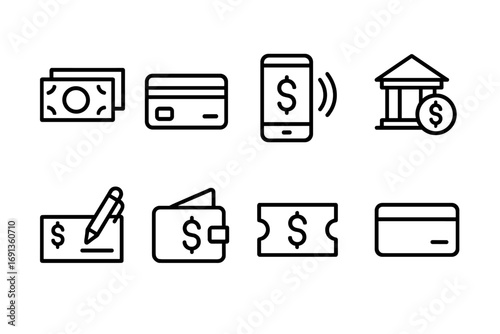 Payment Method Icons. Outline icon set of expense payment methods: cash, credit card, mobile pay, bank transfer, check, digital