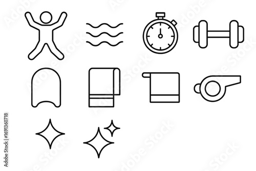 Aqua Cardio Icon Set. Outline icon set of aqua cardio exercises: figure jumping, waves, stopwatch, dumbbells,