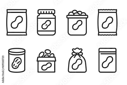 Peanut Packaging Icons. Outline icon set of peanut packaging: peanut bag, jar with label, bulk container, vacuum sealed pack,