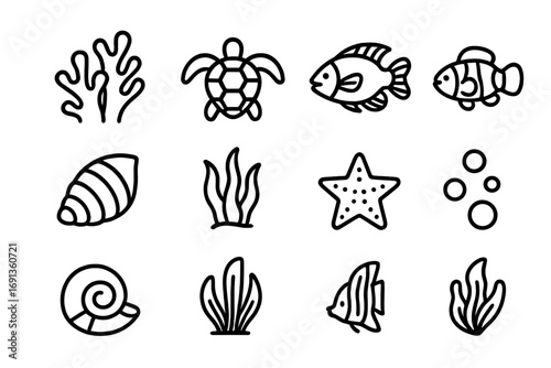 Tropical Reef Icons. Outline icon set of tropical reef ecosystem: coral, sea turtle, parrotfish, clownfish,