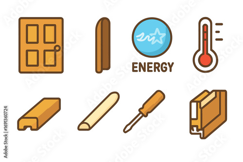 Energy-Efficient Door Upgrade Icons. Flat vector mini-illustrations Upgrading to energy-efficient insulated door in colors