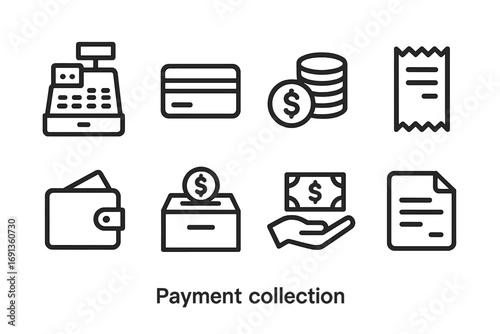 Payment Icon Set. Outline icon set of payment collection: cash register, credit card, coin stack, receipt, wallet, donation box,