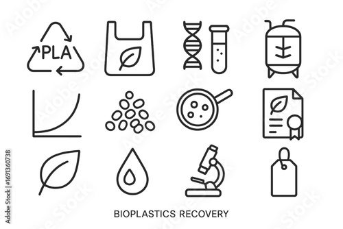 Bioplastics Recovery Icons. Outline icon set of bioplastics recovery: PLA logo, compostable bag, enzyme vial,