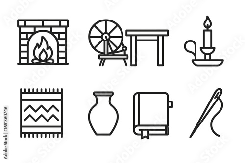 Peasant Life Icons. Outline icon set of peasant home life: hearth fire, spinning wheel, wooden table, candle holder, woven rug,