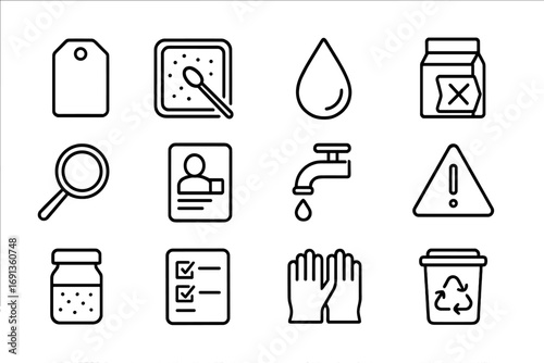 Contamination Control Icons. Outline icon set of contamination control: red tag, residue test, moisture drop,