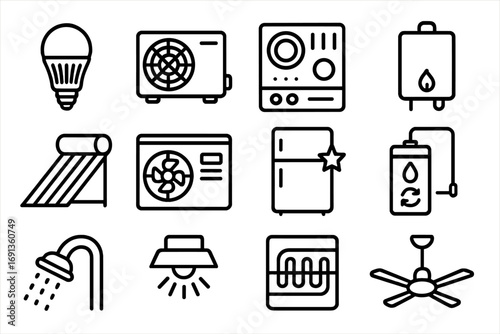 Energy-Efficient Icon Set. Outline icon set of energy-efficient systems: LED bulb, heat pump, induction cooktop, condensing boiler