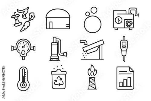 Anaerobic Digestion Icons. Outline icon set of organics and anaerobic digestion: food scraps, digester tank,