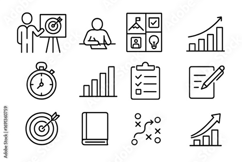Entrepreneur Goal Icons. Outline icon set of Entrepreneur goal setting: mentor showing goals, mentee writing plan, vision board,