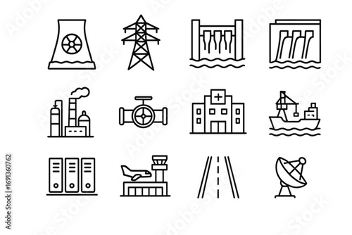 Critical Infrastructure Icons. Outline icon set of critical infrastructure: power plant, transmission tower,
