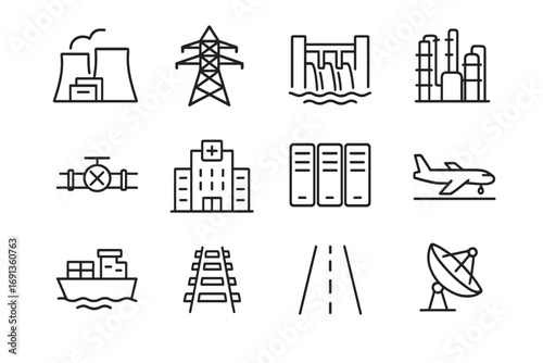 Critical Infrastructure Icons. Outline icon set of critical infrastructure: power plant, transmission tower,
