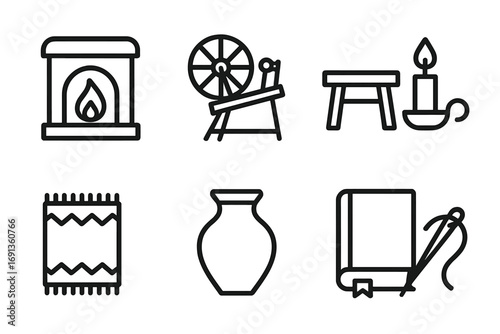Peasant Life Icons. Outline icon set of peasant home life: hearth fire, spinning wheel, wooden table, candle holder, woven rug,