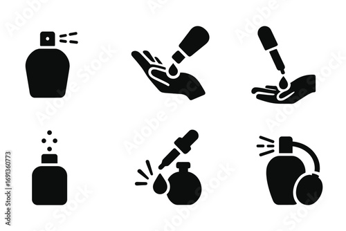 Perfume Application Icons. Solid, filled icon set of perfume application: spray, dab, roll-on, mist, splash, dropper, pump, spritz