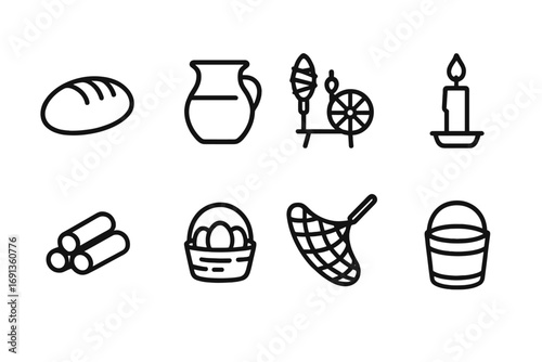 Peasant Life Icons. Outline icon set of peasant daily life: bread loaf, milk jug, spinning yarn, candle, firewood stack, basket