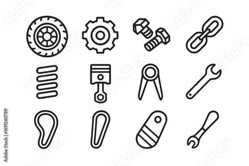 Spare Parts Icons. Outline icon set of spare parts and components: tractor wheel, gear, bolts, chain, spring,