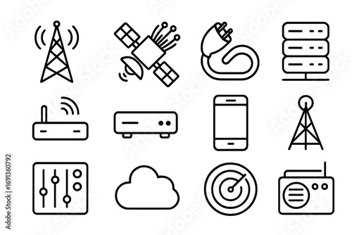 Communication Icons Grid. Outline icon set of communication infrastructure: telecom tower, satellite, fiber