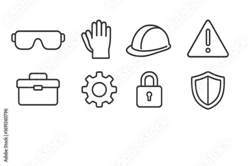 Workshop Safety Icons. Outline icon set of safety in the workshop: safety goggles, gloves, helmet, warning
