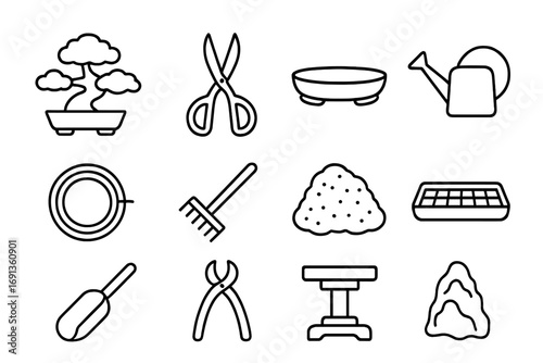 Bonsai Icon Collection. Outline icon set of bonsai gardening: bonsai tree, pruning scissors, shallow pot,