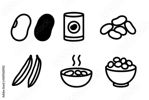 Pinto Bean Icon Set. Solid, filled icon set of pinto bean types: light pinto bean, dark pinto bean, canned pinto beans, dried